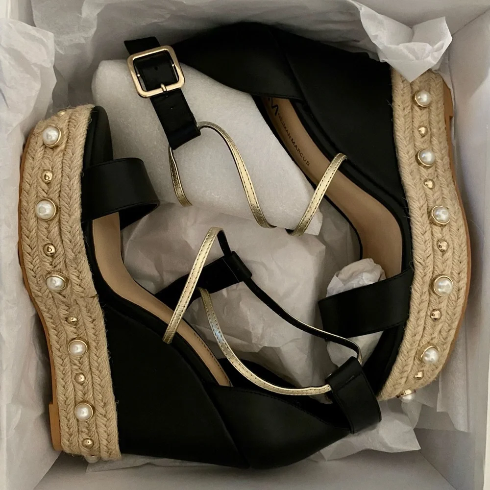 Neiman Marcus Luxy Pearls Wedges Sandals  Black/ Gold
